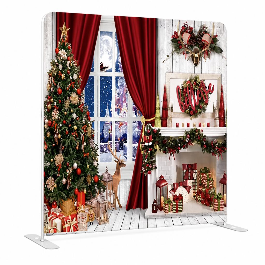 Christmas photo booth backdrop on aluminum frame stand with festive holiday design