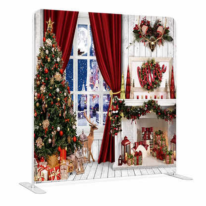 Christmas photo booth backdrop on aluminum frame stand with festive holiday design