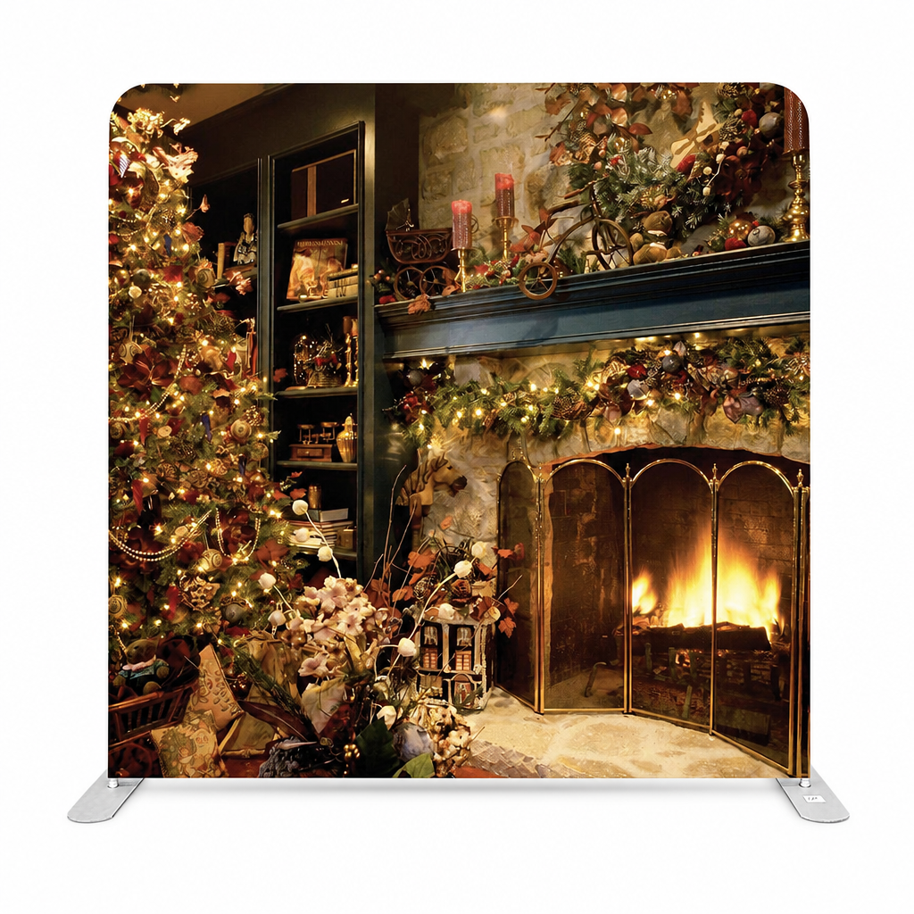 Front view of the Christmas fireplace backdrop showing cozy mantel and decorated tree