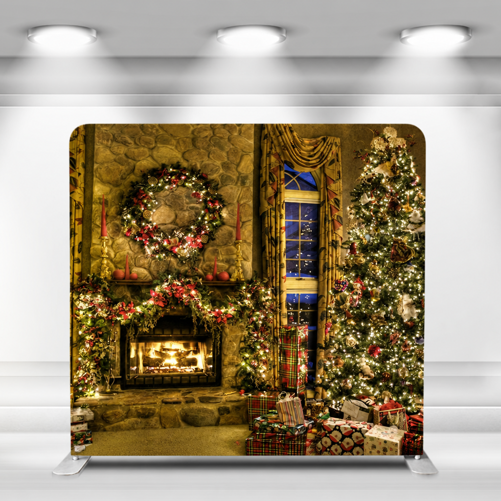 Holiday photo booth backdrop with fireplace and Christmas tree design