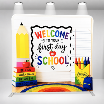 School first day colorful backdrop with pencil, books, crayons, and rainbow rug