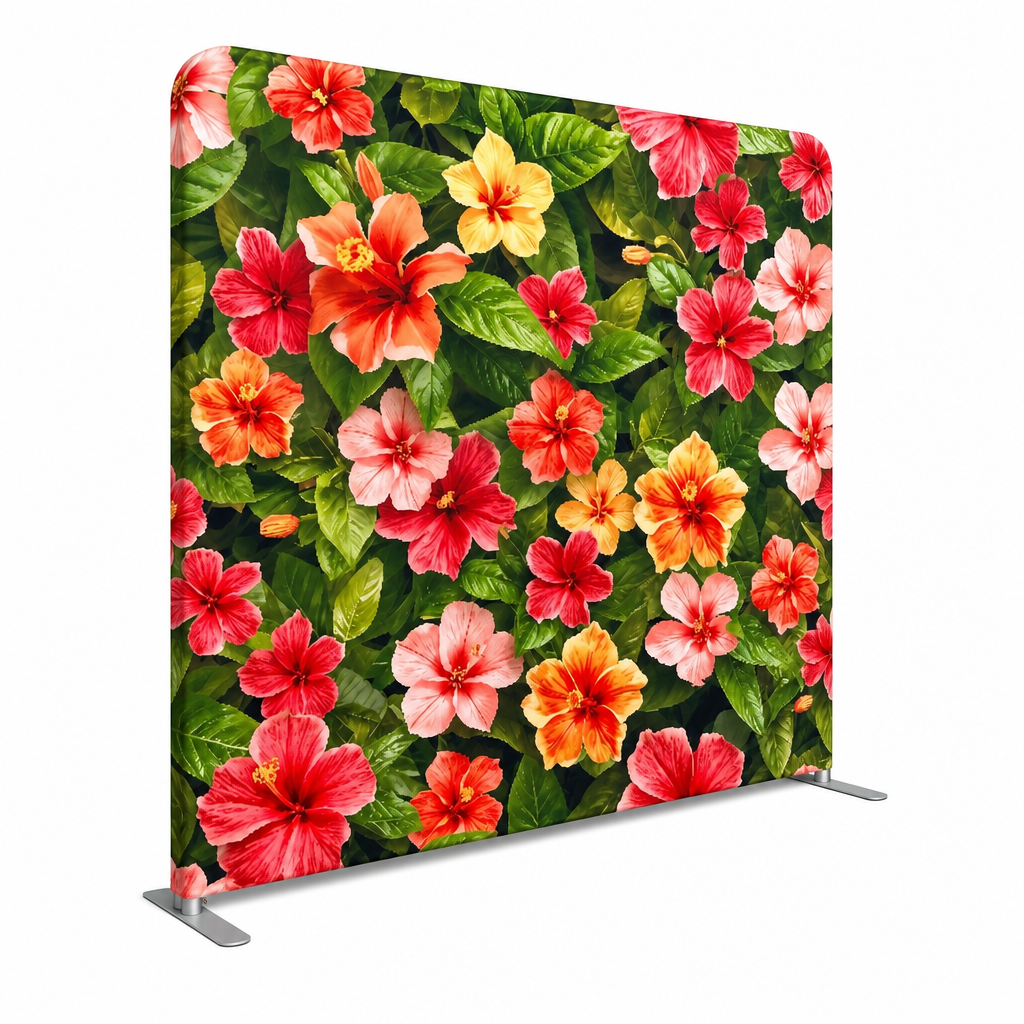Angled view of hibiscus floral photo booth backdrop