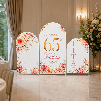 Floral birthday arch covers set displayed in a formal party room