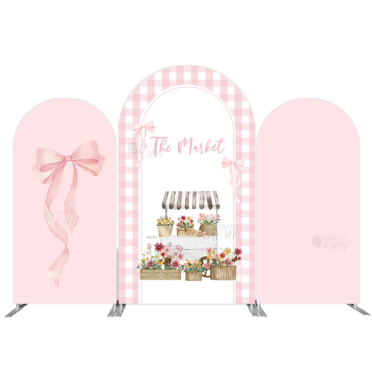 Pink Flower Market Pink Bow Birthday Party Arch Backdrop Wall Cloth Cover