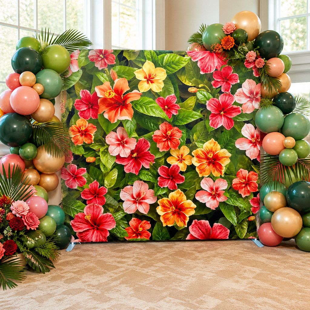 Photo booth setup with hibiscus floral backdrop and balloon arrangement