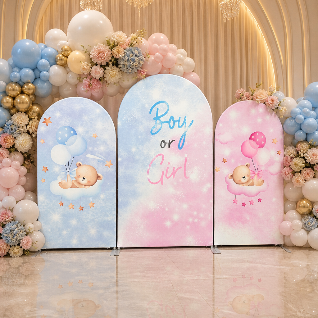 Boy or Girl gender reveal arch backdrop decorated with balloon garland and flowers at party venue