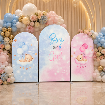 Boy or Girl gender reveal arch backdrop decorated with balloon garland and flowers at party venue