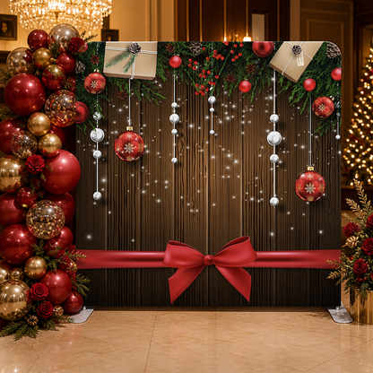 Festive Christmas fabric backdrop with gift, bells, and red ribbon with stand