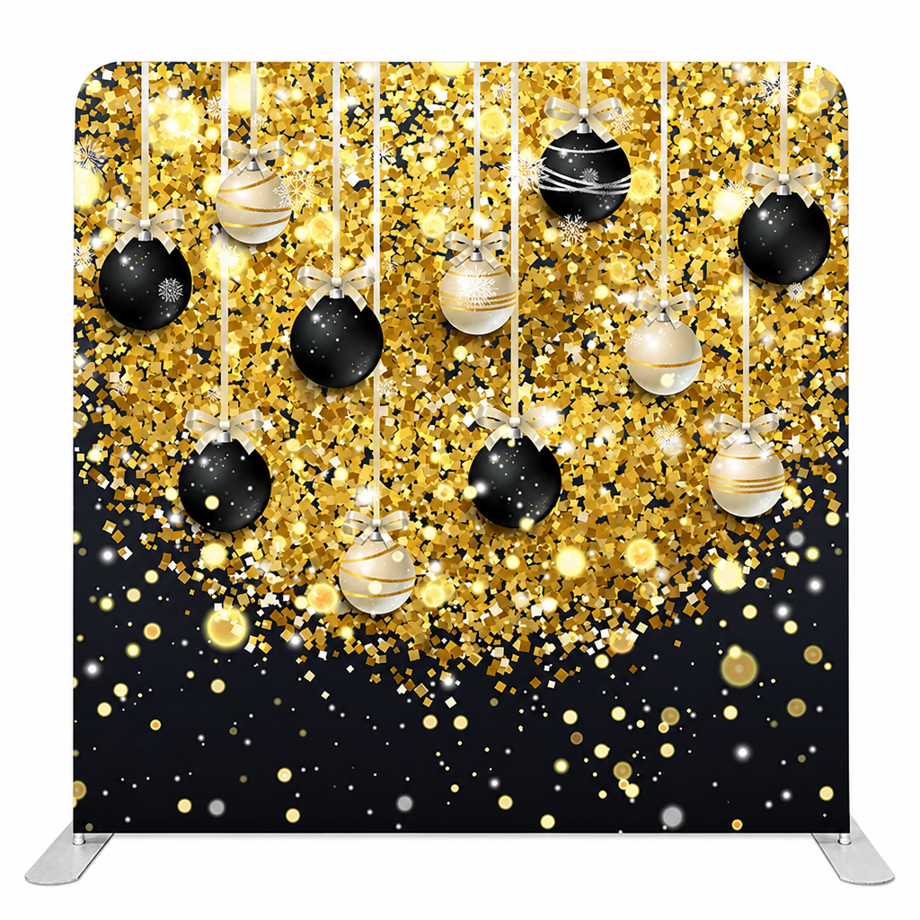 Gold and black hanging ornaments confetti backdrop