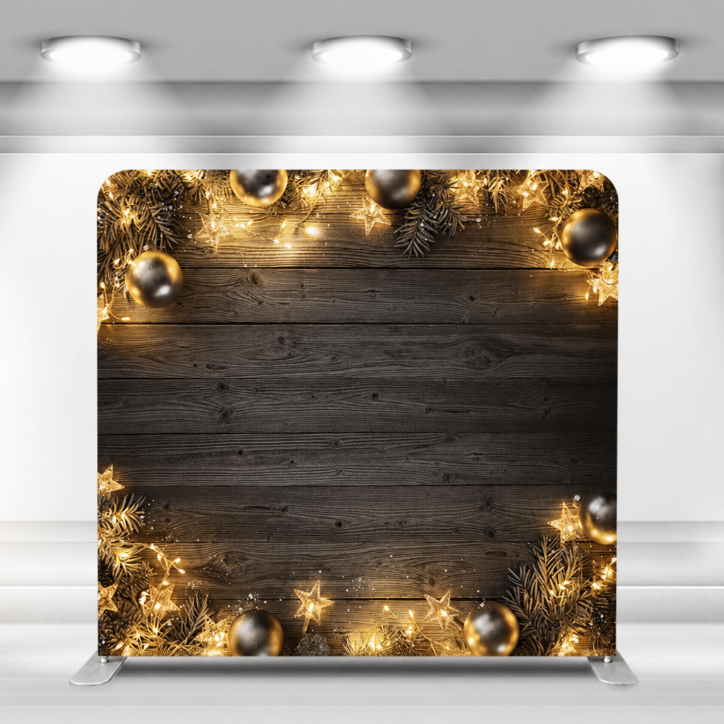 Photo booth backdrop in black wood and gold theme