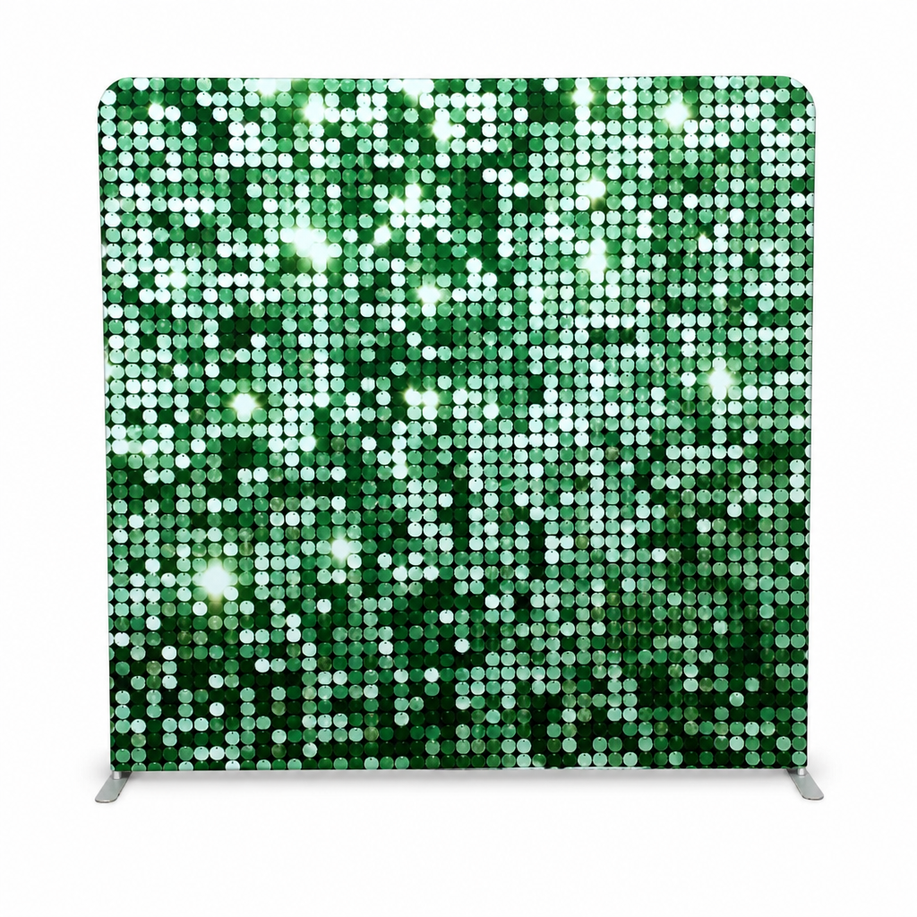 Front view of shimmering green sequin fabric photo booth backdrop with stand