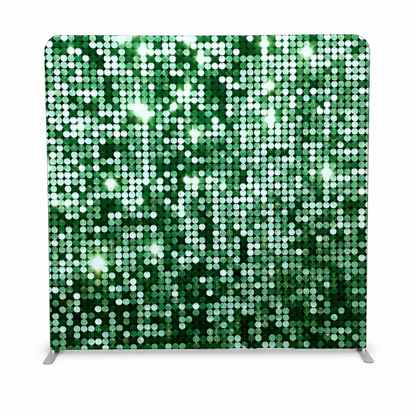 Front view of shimmering green sequin fabric photo booth backdrop with stand
