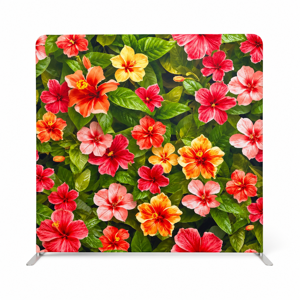 Front view of hibiscus floral photo booth backdrop with stand