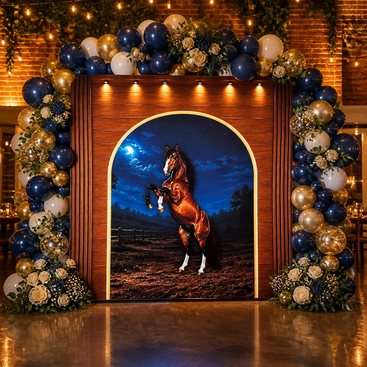 Horse-themed backdrop decorated with blue and gold balloons