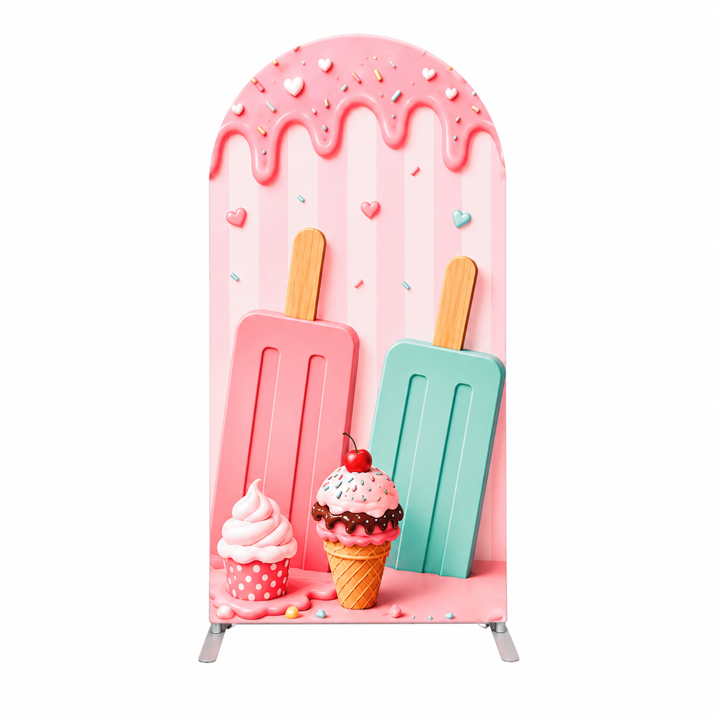 Ice cream popsicle themed arch backdrop panel with pink drips and treats
