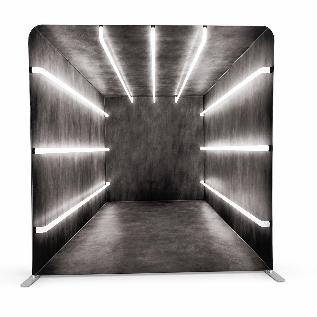 Modern industrial gray photo booth straight fabric backdrop with LED light bars