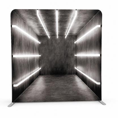 Modern industrial gray photo booth straight fabric backdrop with LED light bars