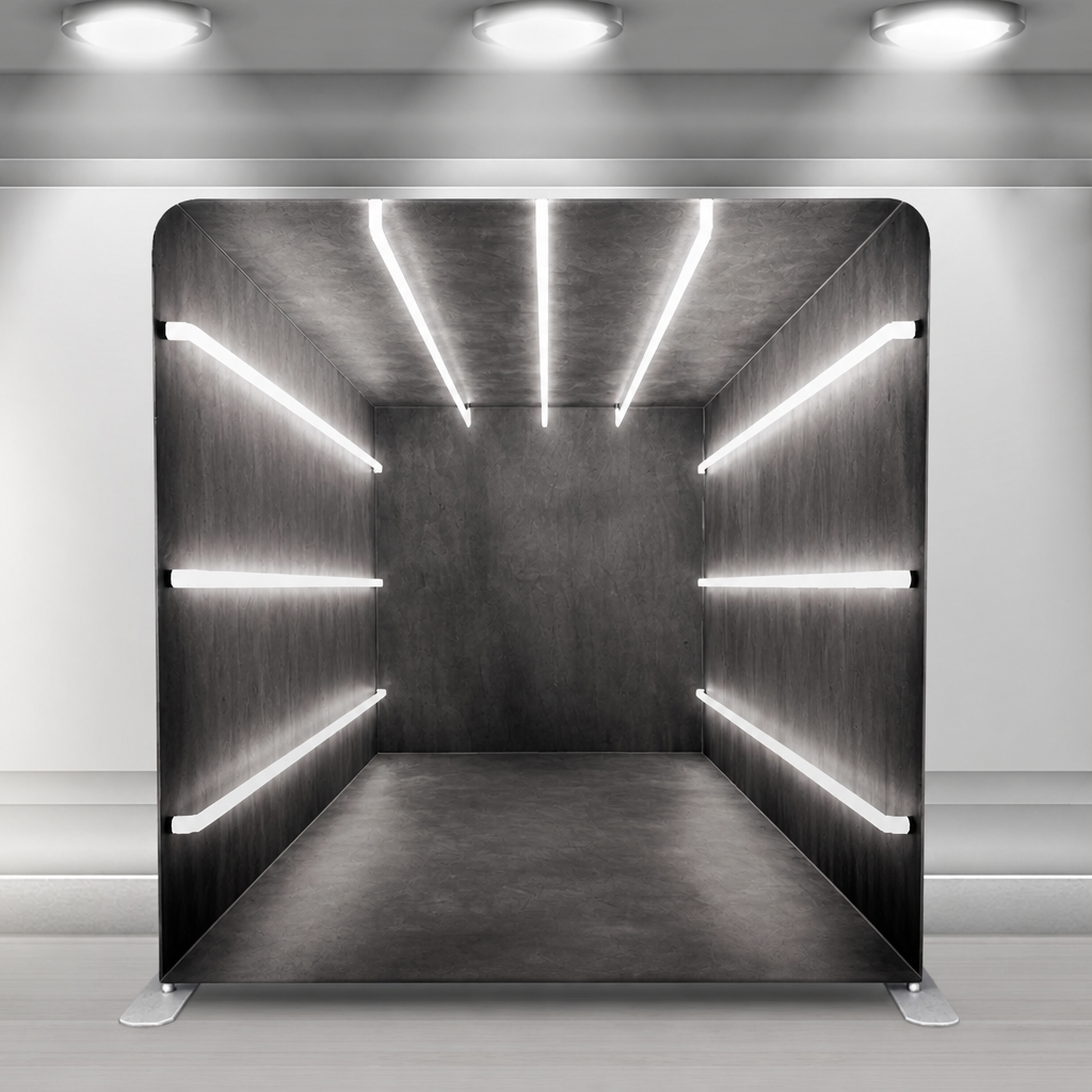 Modern industrial gray tension fabric photo booth backdrop with stand