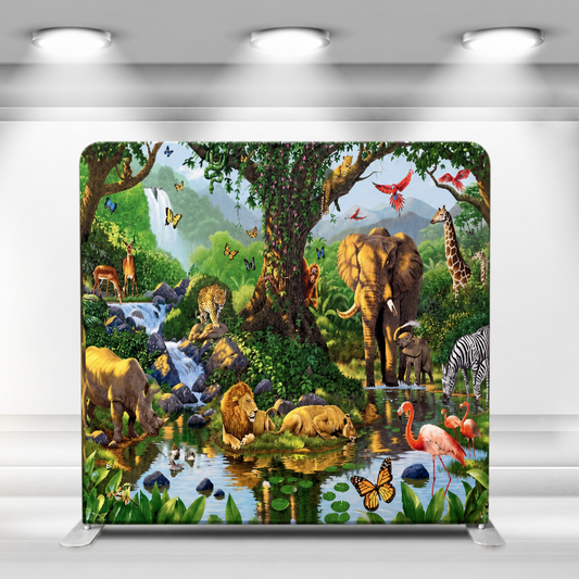 Jungle safari wildlife fabric backdrop with elephants, lions, giraffe and lush scenery