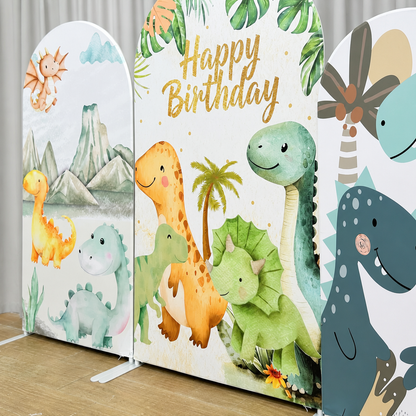 Close up of dinosaur printed fabric on arch backdrop stand