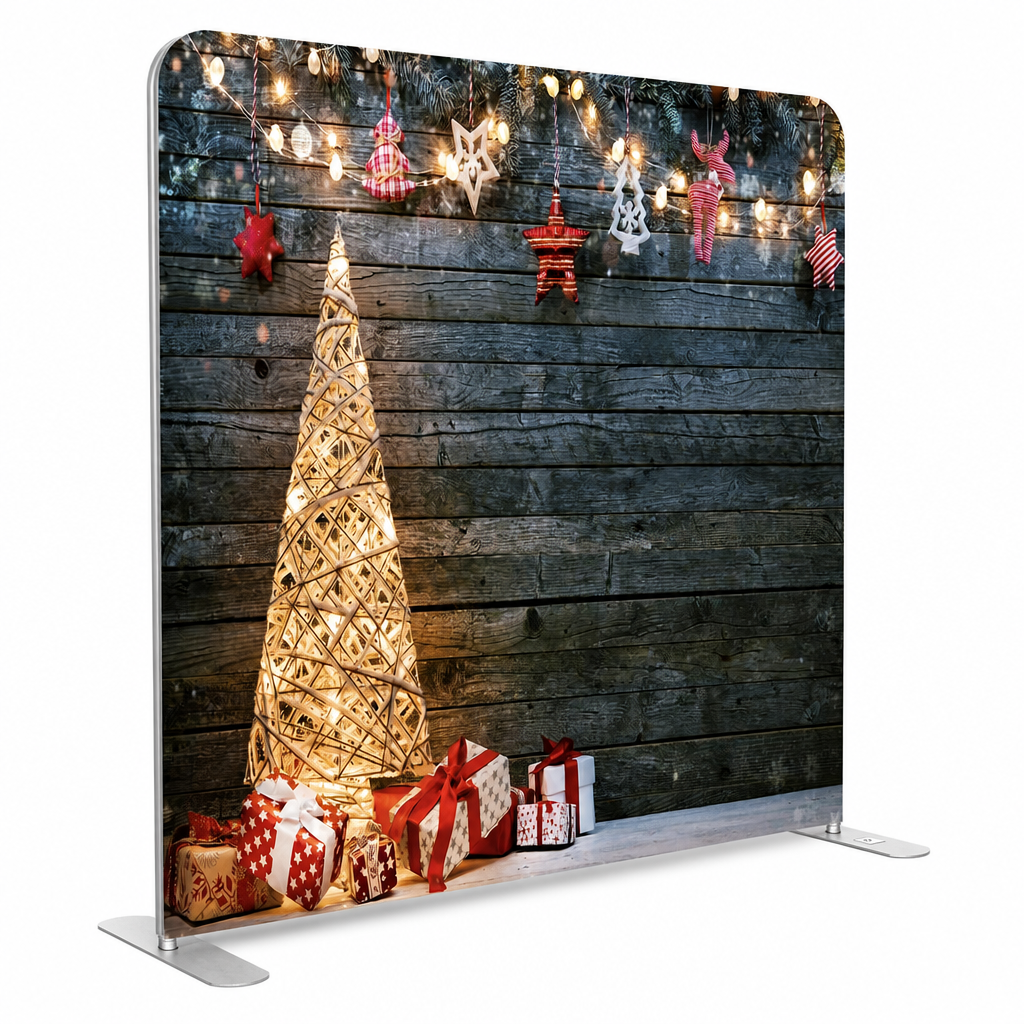 Side view of Christmas lighted tree photo booth backdrop with stand