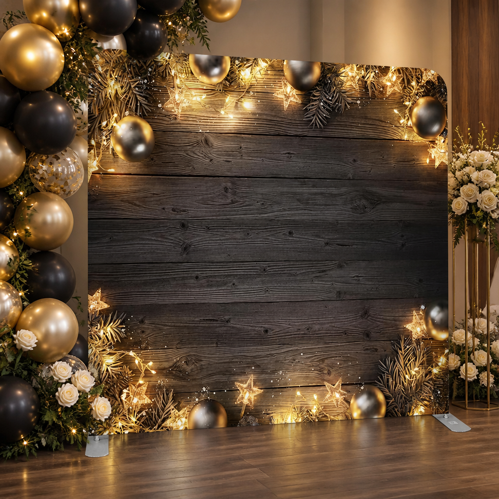 Stylish black and gold wooden event backdrop