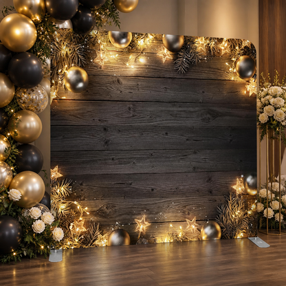 Stylish black and gold wooden event backdrop