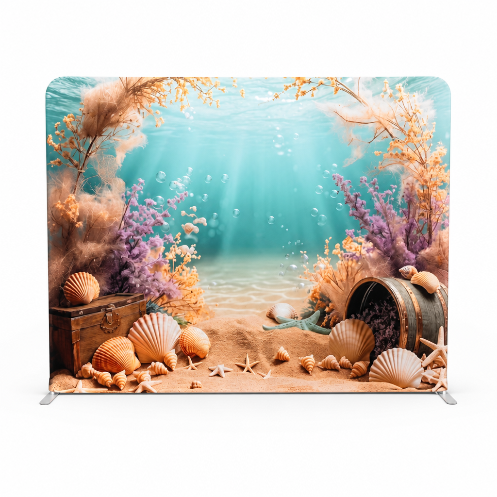 Ocean themed tension fabric backdrop with treasure chest and starfish
