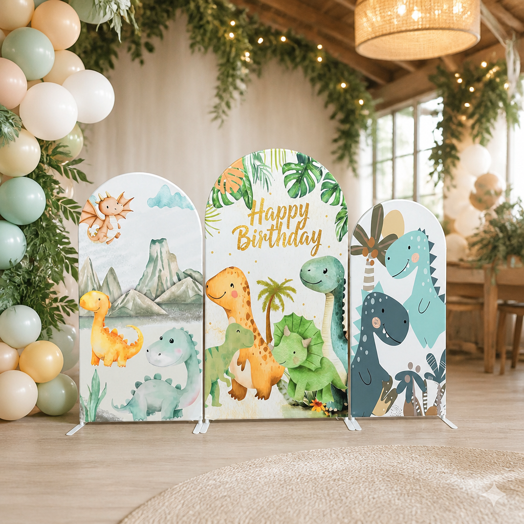Kids dinosaur birthday arch cover set displayed in party venue