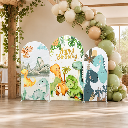 Dinosaur party backdrop in reception hall with balloon decorations