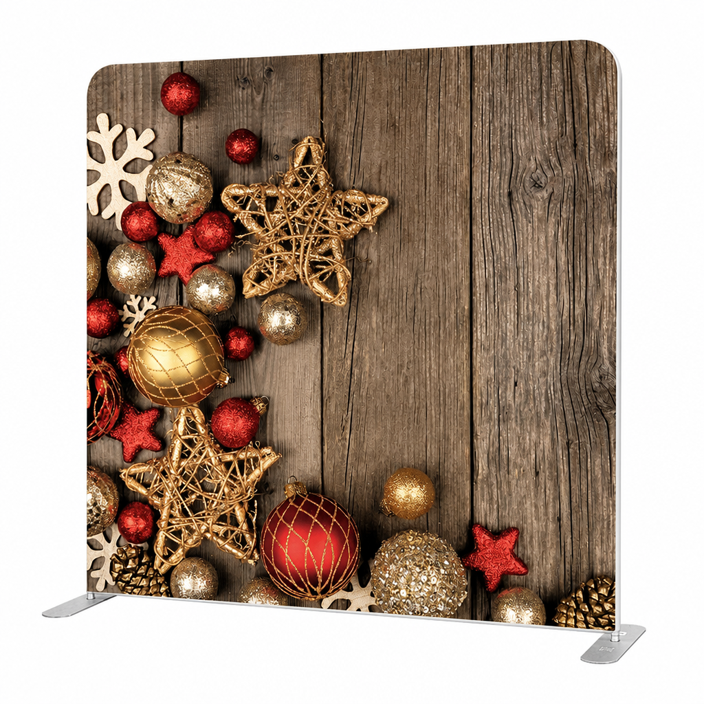 Side view of rustic Christmas photo backdrop with stand