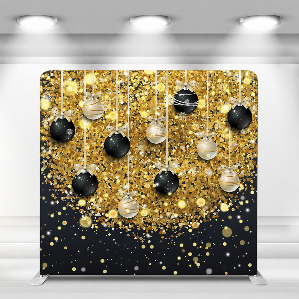 Event decor backdrop featuring gold confetti and hanging baubles