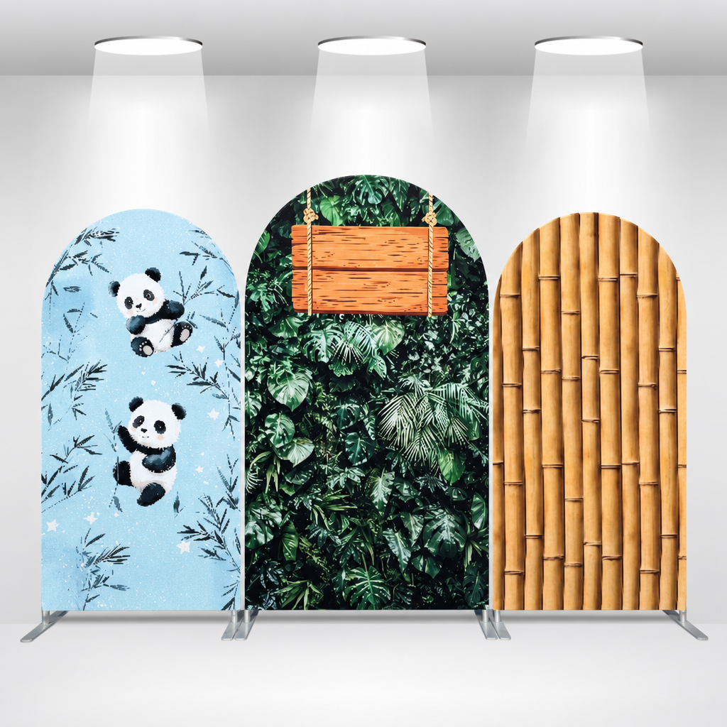 3-Piece Arch Backdrop with Panda Design and Bamboo