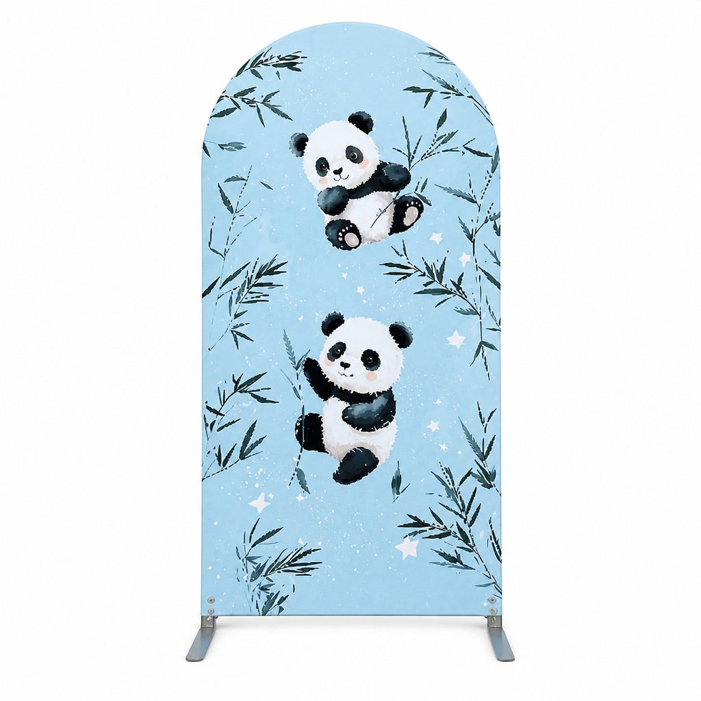 Arch backdrop with cute cartoon panda and tropical leaves on blue background