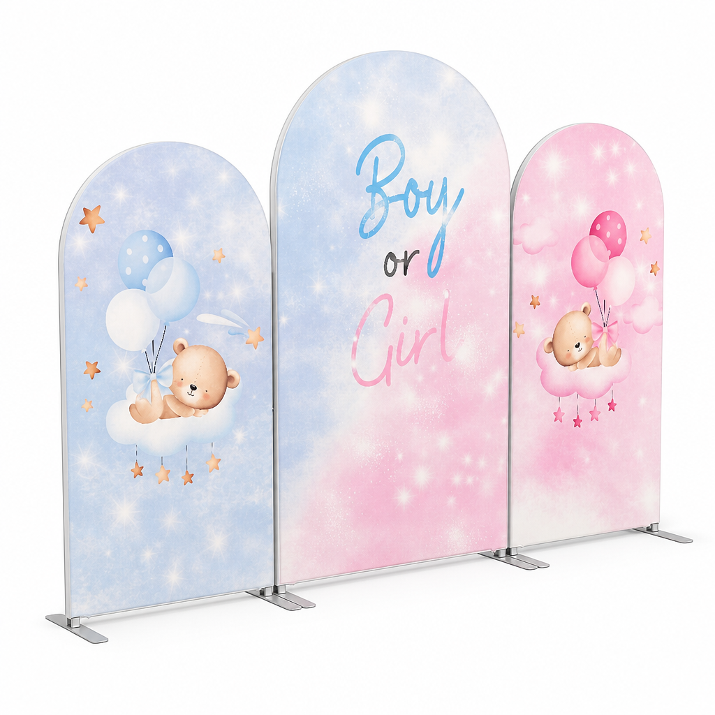 3D view of Boy or Girl gender reveal arch backdrop with blue and pink teddy bear cloud designs
