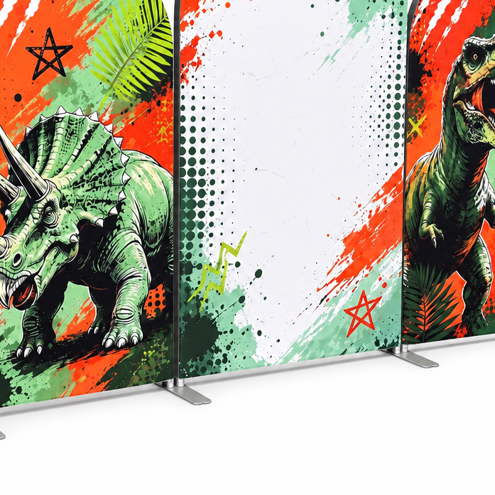 Side view of dinosaur party arch backdrop with t-rex and triceratops