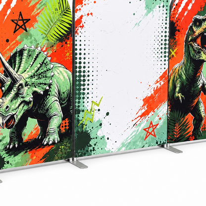 Side view of dinosaur party arch backdrop with t-rex and triceratops
