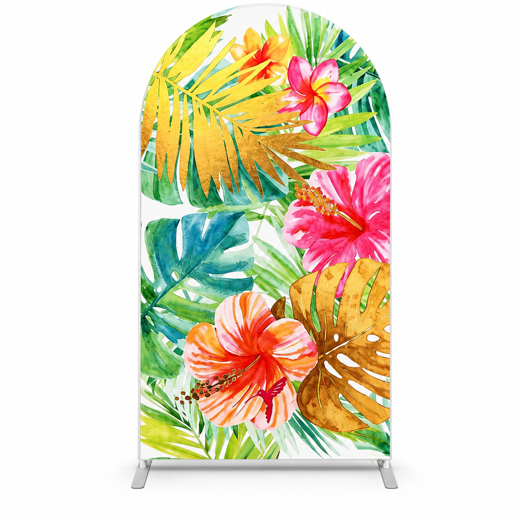 Front view of floral tropical arch backdrop