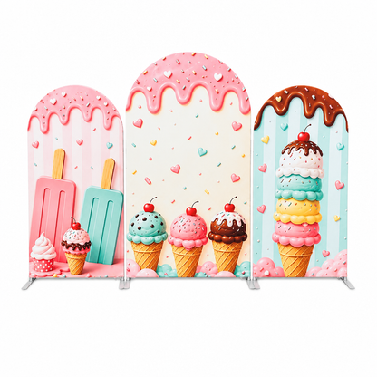 Set of three ice cream themed arch backdrop panels together