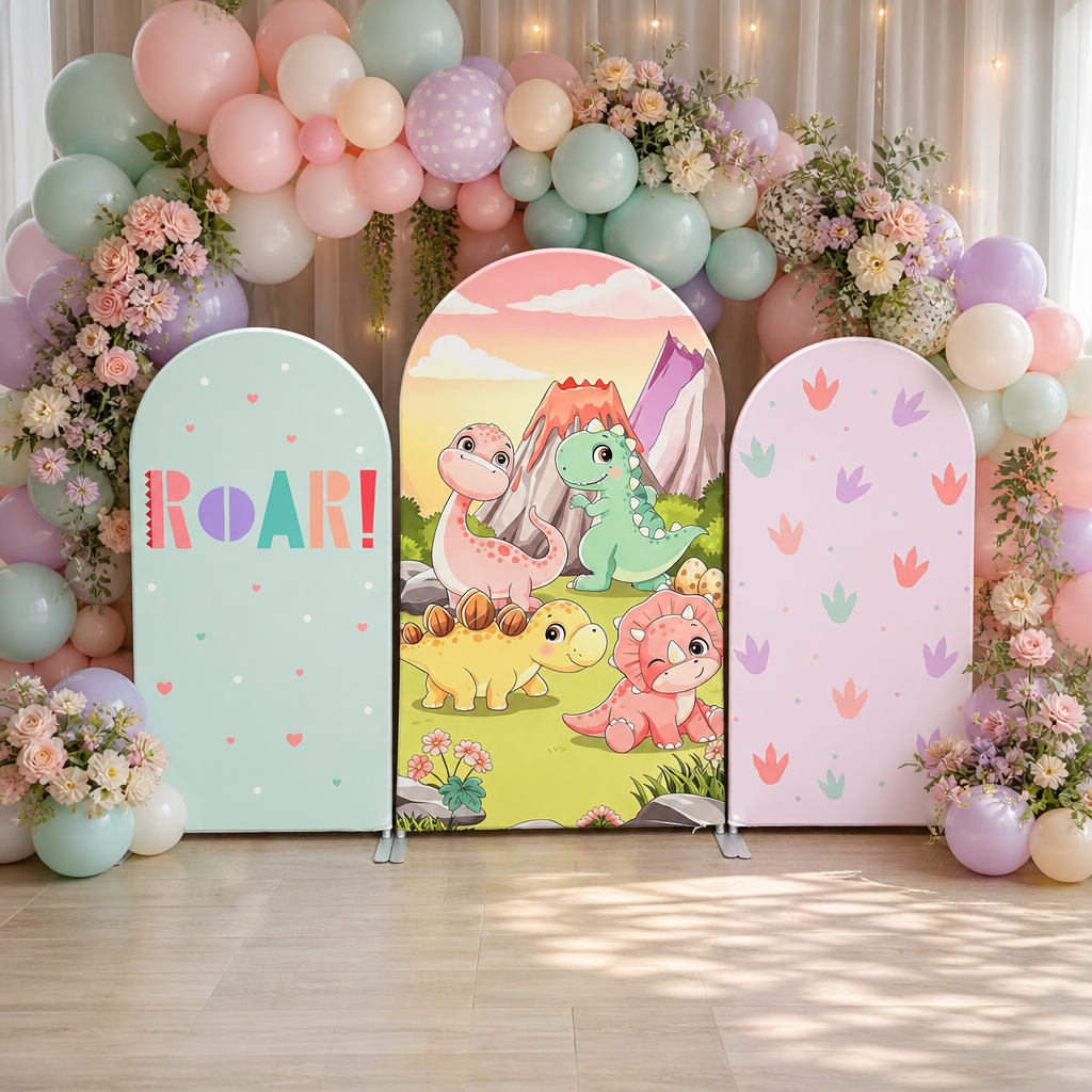 Dinosaur arch backdrop in a decorated party setting