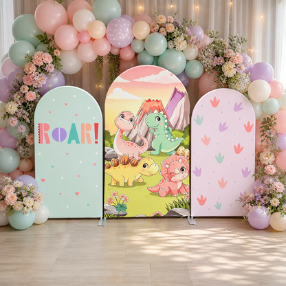 Dinosaur arch backdrop in a decorated party setting