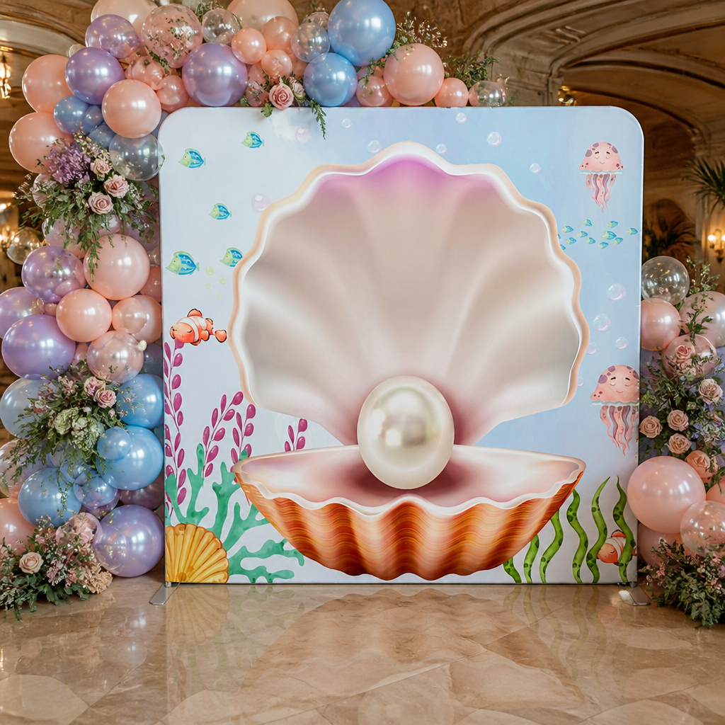 Kids party underwater shell photo booth backdrop with stand and balloons