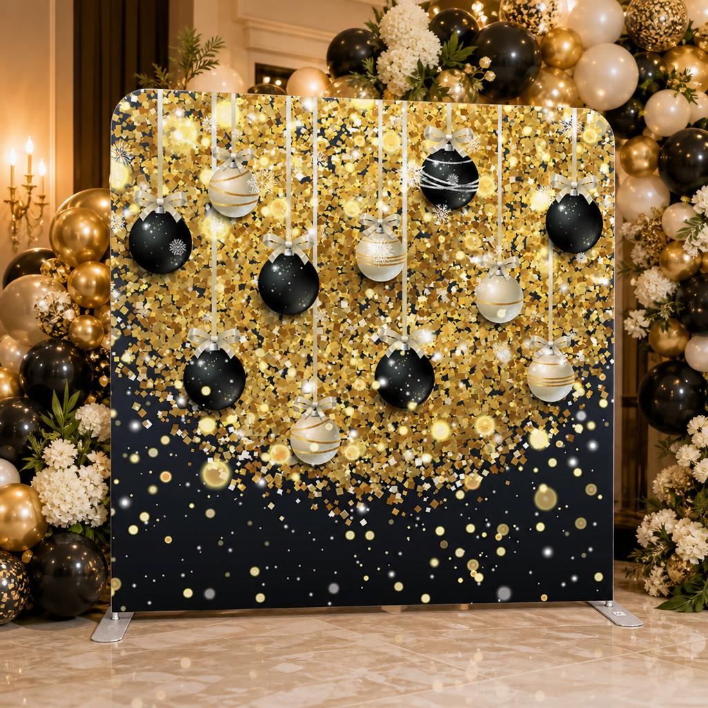 Elegant black and gold party backdrop for photo booth