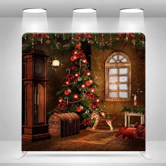 Indoor setup of vintage Christmas backdrop illuminated by ceiling spotlights
