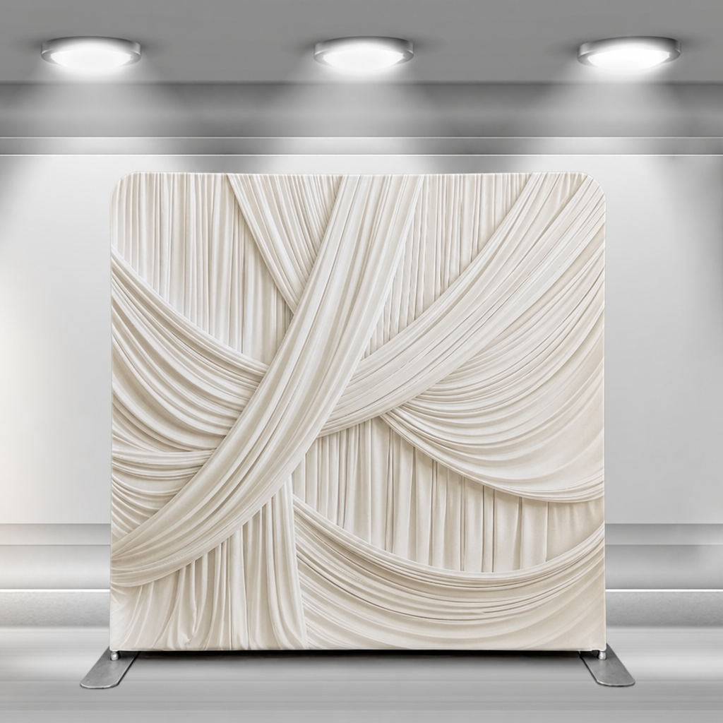 Ivory draped fabric backdrop illuminated in modern interior