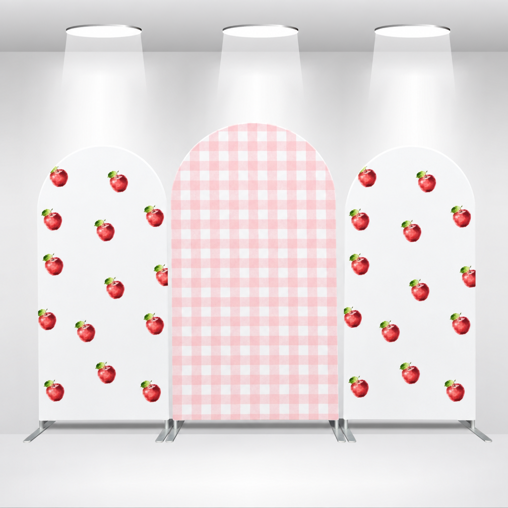 Pink checkered and red apple arch backdrop cover set