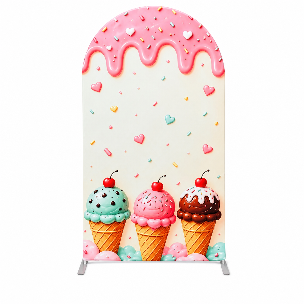 Sweet ice cream cone themed arch backdrop panel with colorful sprinkles