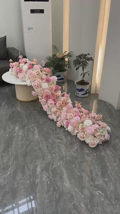 Elegant Pink Artificial Flower Runner – Silk Roses, Cherry Blossoms, Dahlias, Hydrangeas & Hydrangeas for Wedding Table Décor