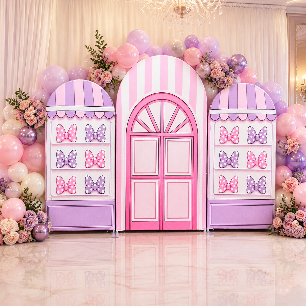 Polka dot bow themed party backdrop with balloon decoration
