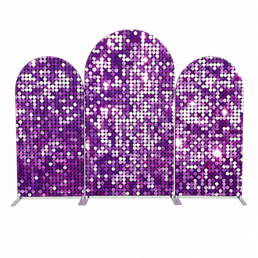Purple sequin arch backdrop party wall cover front view